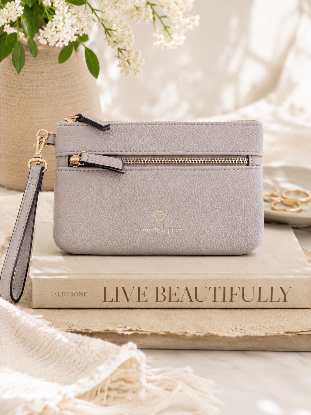 Anthropologie Nanette Lepore Neutral Taupe Gray Pebbled Leather Wristlet Clutch